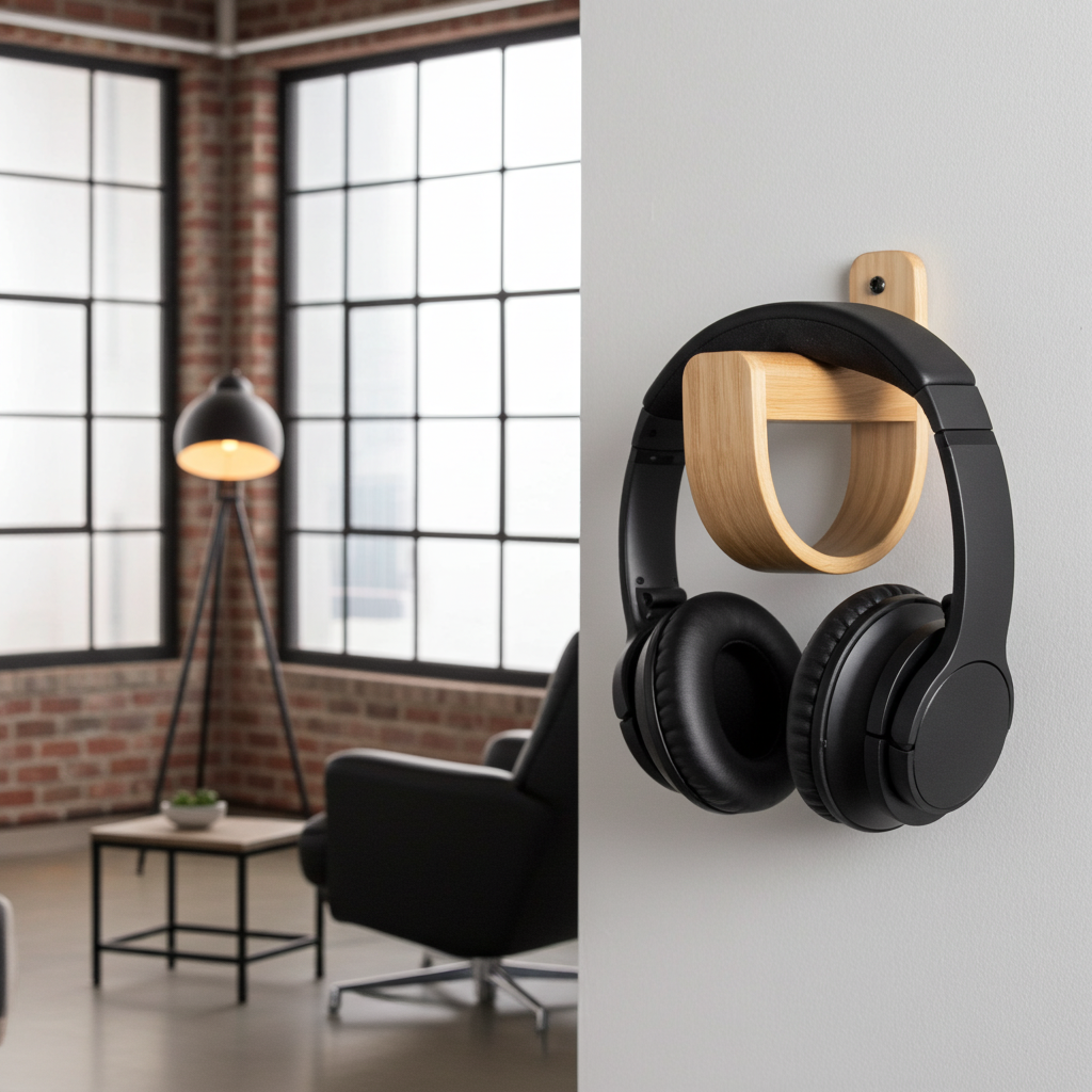 Black headphones hanging on a wooden hook against a white wall with a modern room setting.