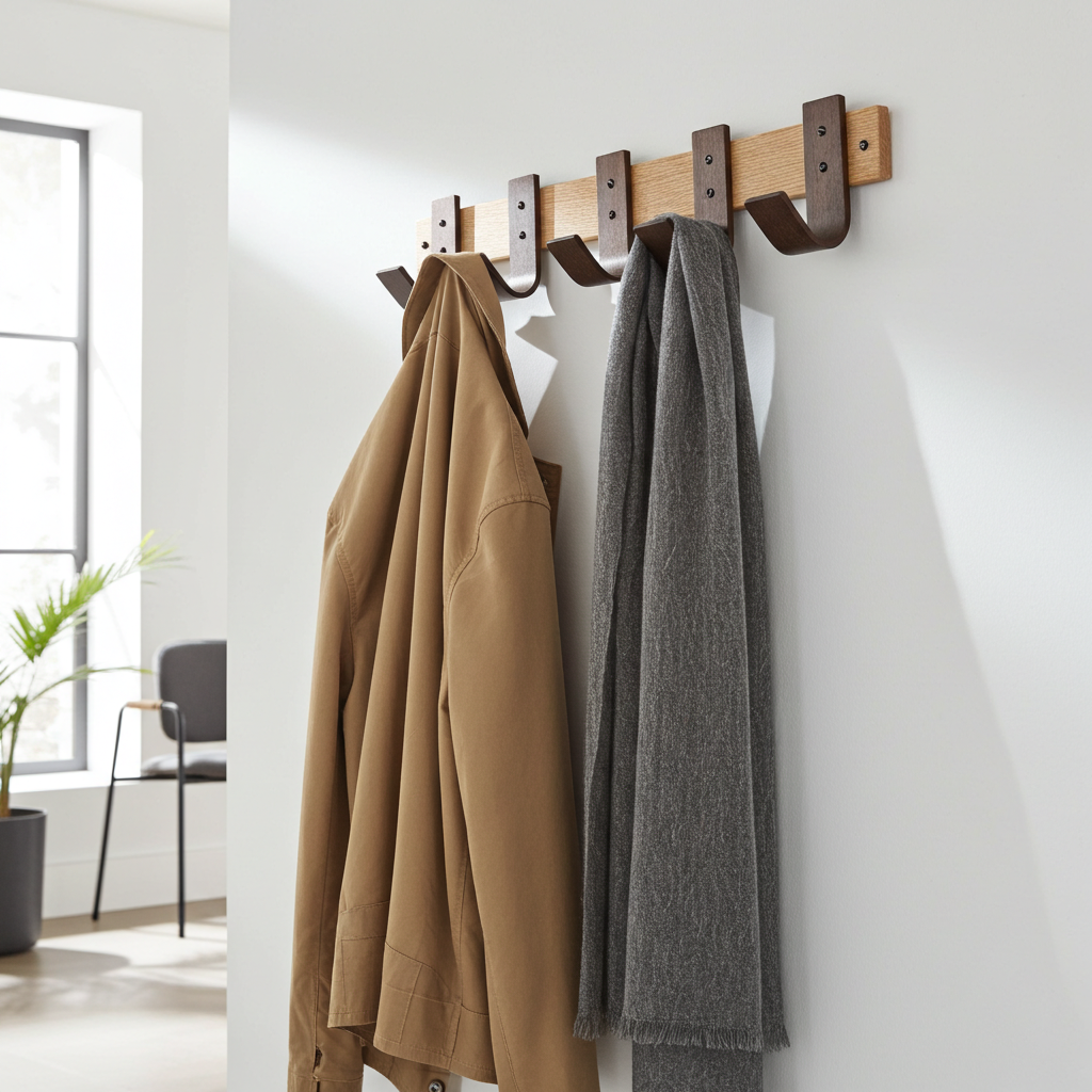 Wooden wall hook with two coats hanging on it in a room.