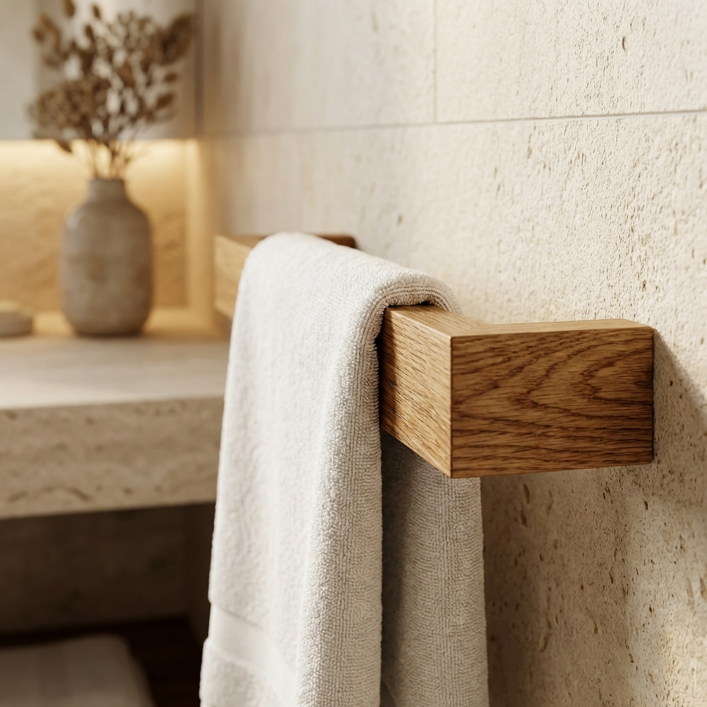 Wooden towel rack with a white towel in a bathroom setting
