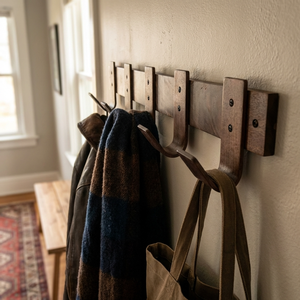 Wooden wall hook with coats and bags hanging on a neutral wall.